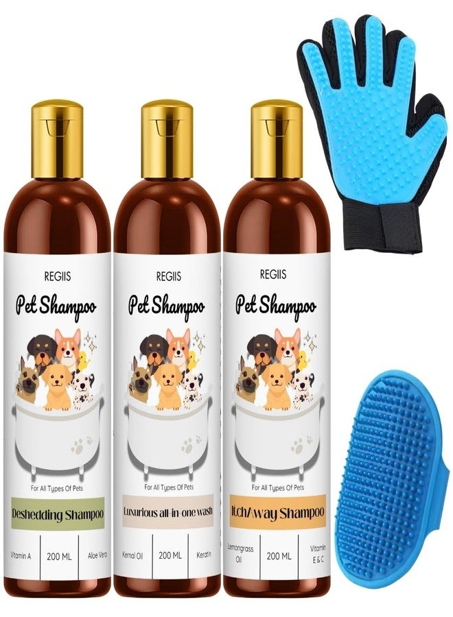 مجموعة شامبو ريجيس للحيوانات الأليفة مع قفاز للعناية، عبوة من 3 قطع، شامبو للكلاب لجميع أنواع الحيوانات الأليفة، يزيل الشعر الزائد، فاخر ومتكامل، يزيل الحكة، زجاجات سعة 200 مل - Image 1